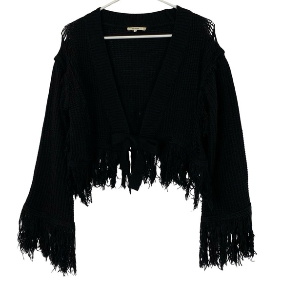 Tularosa Sweaters - Tularosa Fringe Cardigan Sweater Womens Size Small Black Tie Front Cropped